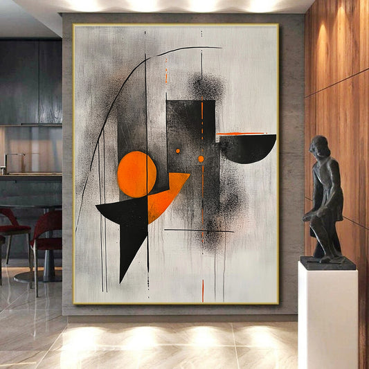Black, Gray, Orange and White Geometric Abstraction "Harmonious Tension" Painting On Canvas HB327