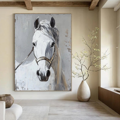 Contemporary abstract painting featuring a white horse head on a grey background showcasing vibrant colors and dynamic brushstrokes. DLZ1744