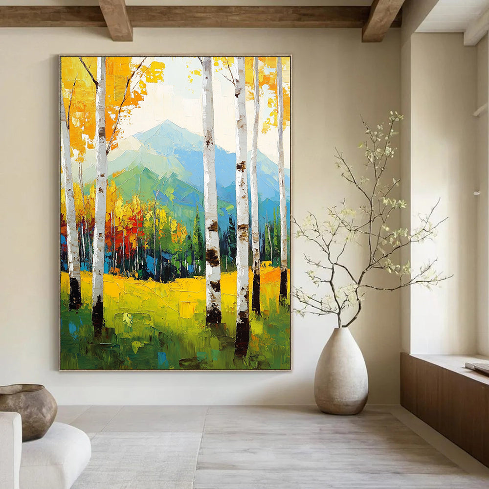 Large contemporary hand-painted abstract artwork featuring birch trees in vibrant spring colors against a mountain backdrop with expressive brushstrokes. DLZ1100