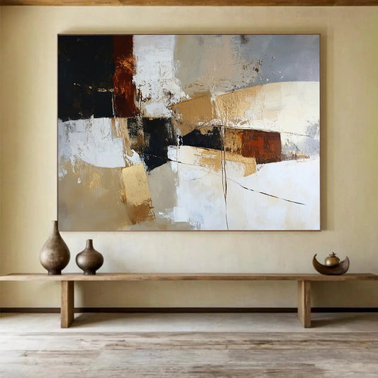 “Earthy Tone Abstract” - Black, Brown, Beige, Gold with Geometric Shapes - Painting On Canvas HB1391