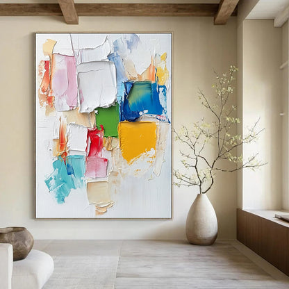 Contemporary hand-painted abstract artwork featuring colorful textures and a collage cityscape, enriched with soft brush strokes and vibrant impasto techniques. DLZ0835