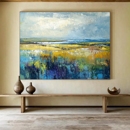 “Vibrant Prairie Dreams” - Yellow, Blue, Green, Purple, Expansive Field & Sky Scenes Painting On Canvas HB1023