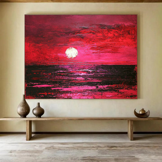 “Crimson Sunset Sea” - Deep Reds, Pinks, Purples, Ocean at Sunset - Textured Oil Painting HB1731