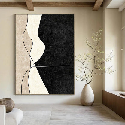 Modern contemporary abstract painting with clean lines showcasing elegant curved shapes in neutral tones against a deep black background. DLZ1375