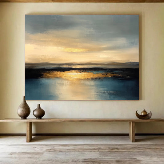 “Golden Sunset Reflection” - Gray, Gold, Blue - Abstract Sunset Over Water - Acrylic Painting HB1306