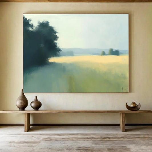 “Misty Field Landscape” - Green, yellow, blue, soft focus, Impressionist Landscape Painting HB0620