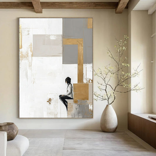 Contemporary abstract artwork features large neutral squares with gold accents on a white backdrop complemented by pale gray and beige elements. DLZ0626