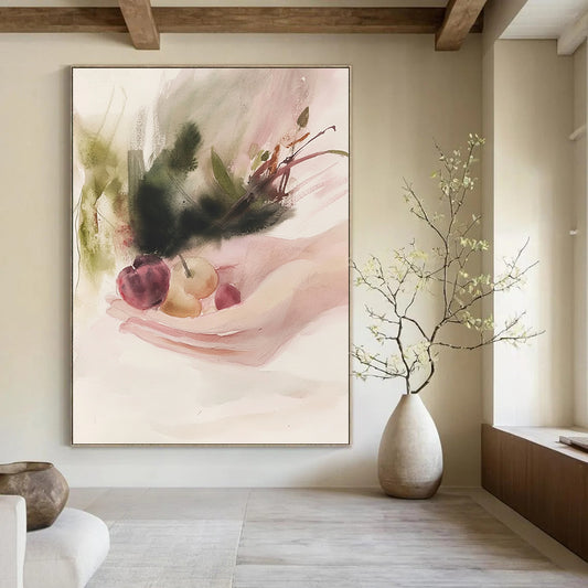 Contemporary abstract watercolor artwork depicting hands holding fruits with romantic wilderness elements in soft pink and dark emerald hues. DLZ0814
