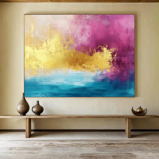 “Pink, Gold, and Blue Abstract” - Pink, Gold, Blue, Bold Color Blocks Painting On Canvas HB0883