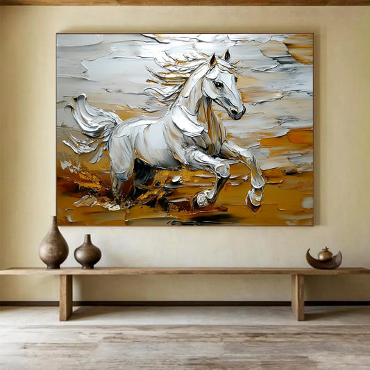 “Galloping White Horse” - Whites, Golds, Browns, Running Horse - Palette Knife Oil Painting HB1570