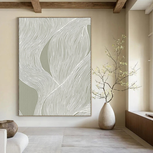 Contemporary hand-painted abstract artwork featuring fluid white lines on a gray background inspired by Edo woodblock prints, perfect for elegant interior decor. DLZ1431