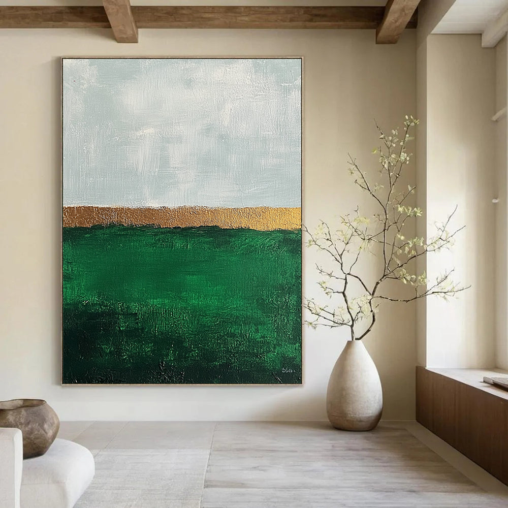 Contemporary abstract art featuring impasto technique with thick strokes, showcasing an emerald green field and muted sky in a minimalist aesthetic. DLZ1351
