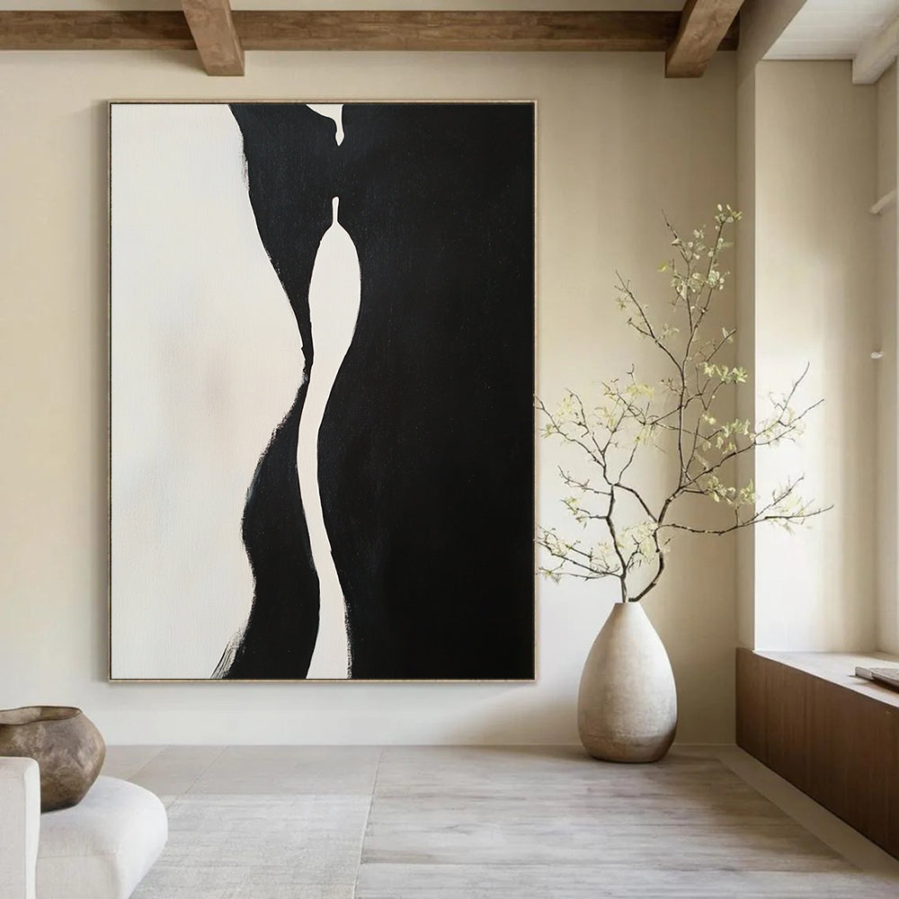 Contemporary hand-painted abstract artwork features two embracing figures with dynamic shapes and compelling negative space in a striking black and white composition. DLZ1543