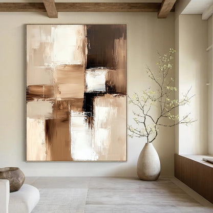 Large contemporary abstract painting featuring beige and white blocks with soft edges and delicate brushstrokes on a textured canvas in neutral tones. DLZ1024