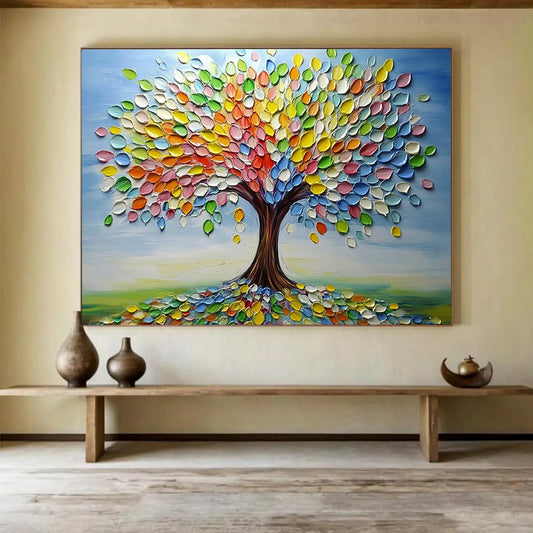 “Colorful Palette Tree” - Blue sky, multicolor leaves, textured trunk, 3D - Like Tree Painting On Canvas HB0593