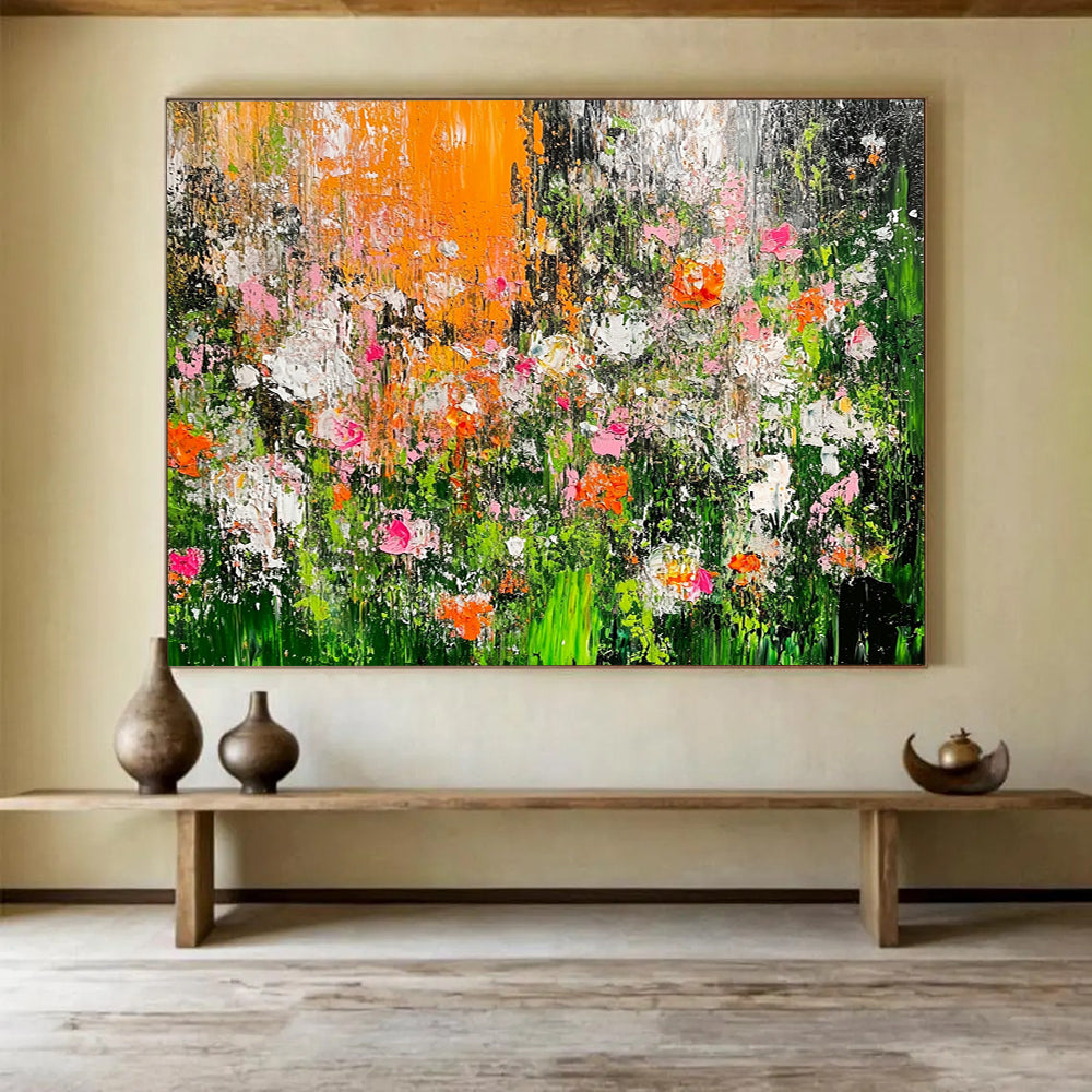Impasto Flower Field in Orange and Pink – Textured Abstract Acrylic Floral Painting HB1472