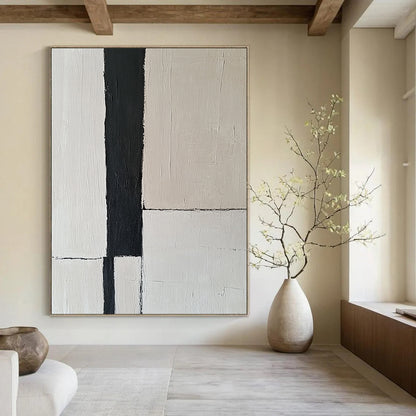 Contemporary abstract artwork features an off-white wall with a striking black vertical stripe, embodying the essence of minimalism through simple lines. DLZ1318