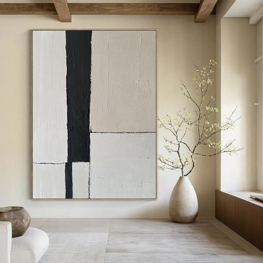 Contemporary abstract artwork features an off-white wall with a striking black vertical stripe, embodying the essence of minimalism through simple lines. DLZ1318