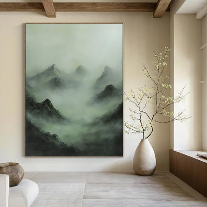 Contemporary abstract painting featuring a misty mountain range in muted greens and grays, evoking enigmatic Chinese mythology and a sense of mystery. DLZ1365