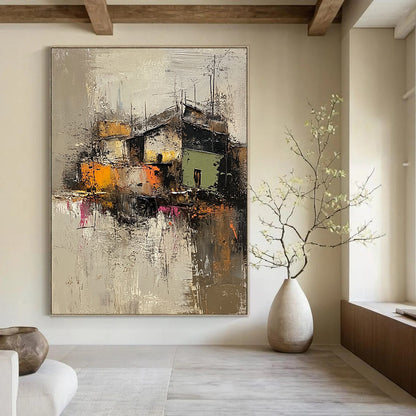 Contemporary abstract artwork featuring an old village in muted grey and brown, highlighted with vibrant green, yellow, orange, and pink textures. DLZ0961