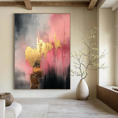 Contemporary hand-painted abstract art featuring white pink and gold tones with a mysterious atmosphere and luxurious gold leaf embellishments. DLZ1117