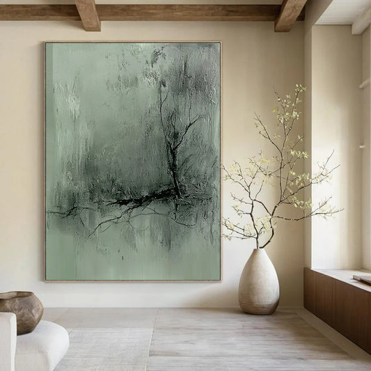 Contemporary hand-painted abstract art features a gray-green textured background with dark lines and a blurred silhouette, evoking a mysterious atmosphere with delicate brushwork. DLZ0504