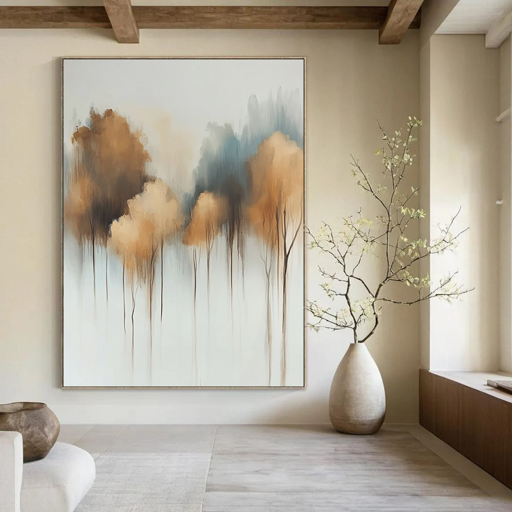 Contemporary abstract painting featuring soft watercolor trees on a white background with muted tones and dreamy light bronze and gray-blue floral accents. DLZ0662