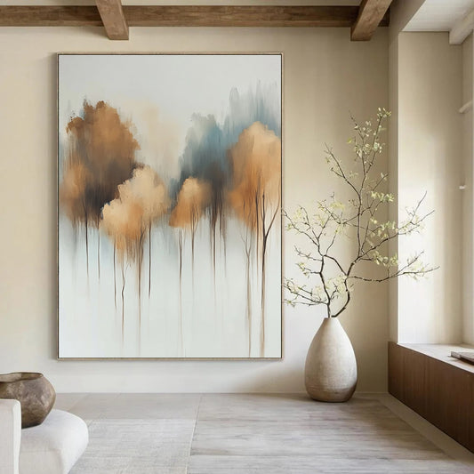 Contemporary abstract painting featuring soft watercolor trees on a white background with muted tones and dreamy light bronze and gray-blue floral accents. DLZ0662