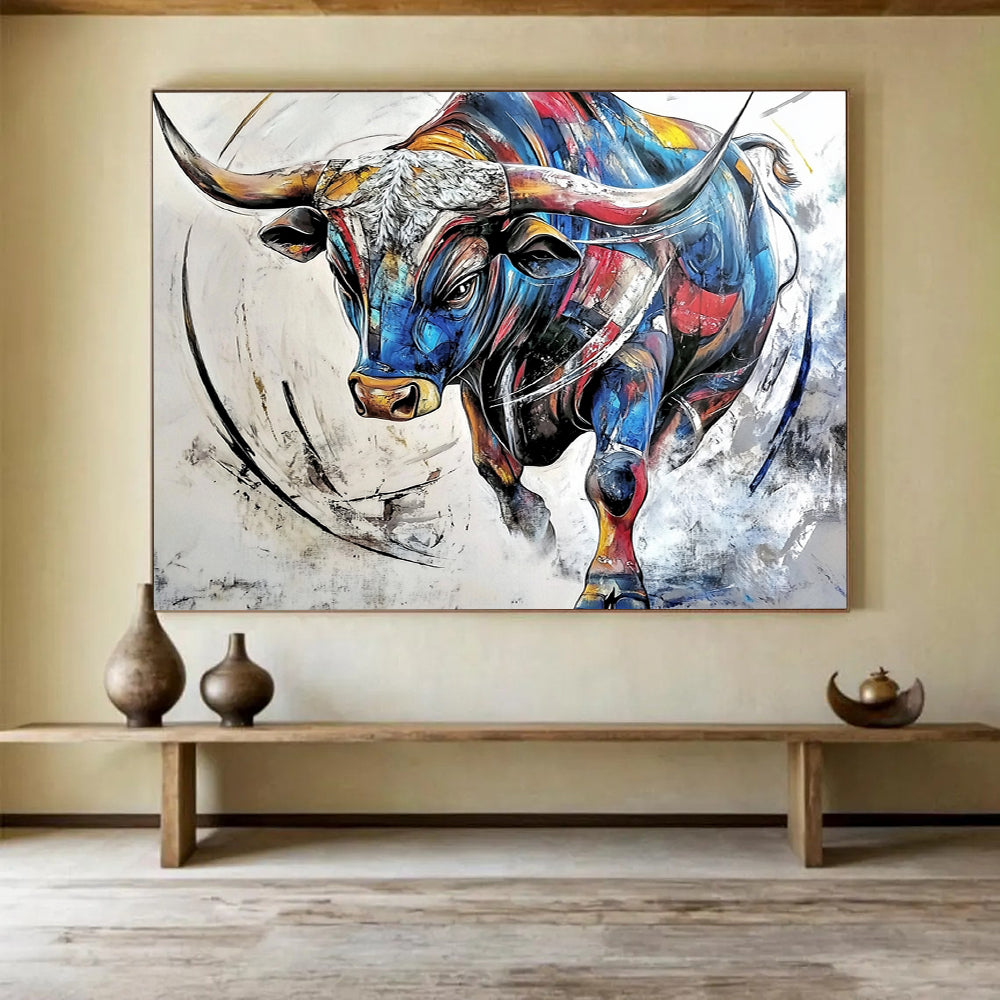 “Colorful Charging Bull” - Vibrant multicolor bull, Dynamic Painting On Canvas HB0577