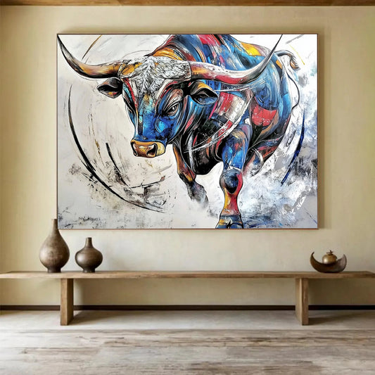“Colorful Charging Bull” - Vibrant multicolor bull, Dynamic Painting On Canvas HB0577