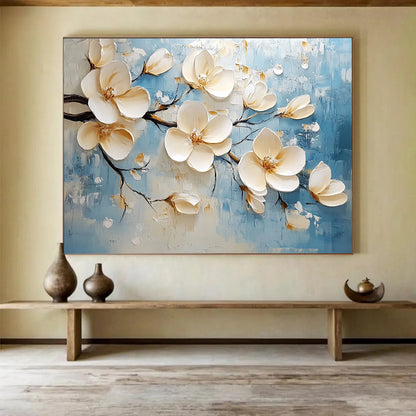 Blue, Beige and White Textured Magnolias "Blossom Serenity" Painting On Canvas HB0422