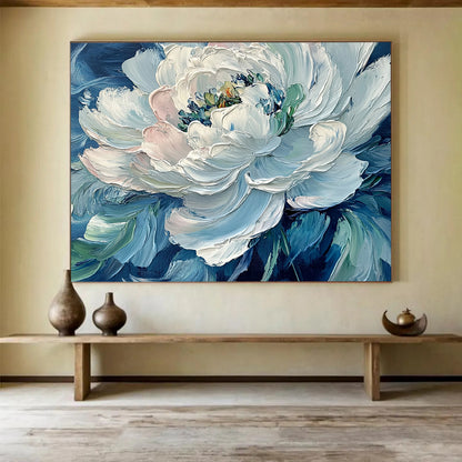 “Impasto White Peony on Blue” - White peony, blue background, thick brushstrokes, Impasto Floral Painting On Canvas HB0599
