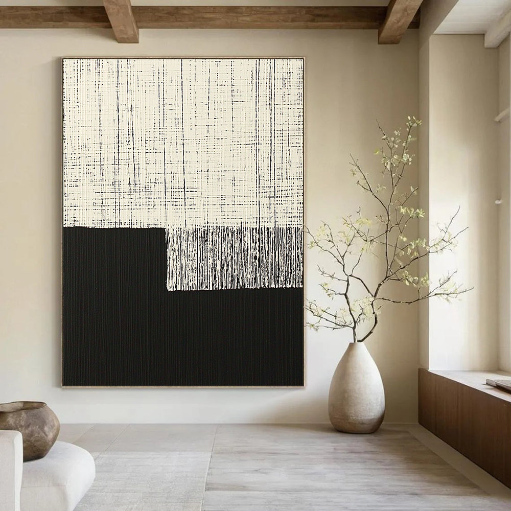 Contemporary hand-painted abstract art featuring minimalist black and white vertical lines on a dark background with a floating cloth element. DLZ1605