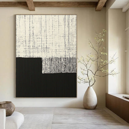 Contemporary hand-painted abstract art featuring minimalist black and white vertical lines on a dark background with a floating cloth element. DLZ1605