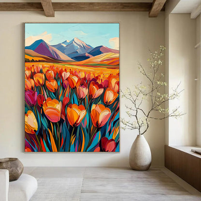 Contemporary vibrant abstract artwork featuring a field of tulips in orange and pink with majestic mountains in the background, evoking a sense of joy. DLZ1495