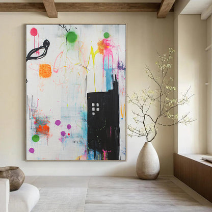 Contemporary hand-painted abstract artwork features vibrant shapes lines and urban building designs enriched with graffiti splashes creating a dynamic and playful atmosphere. DLZ1515