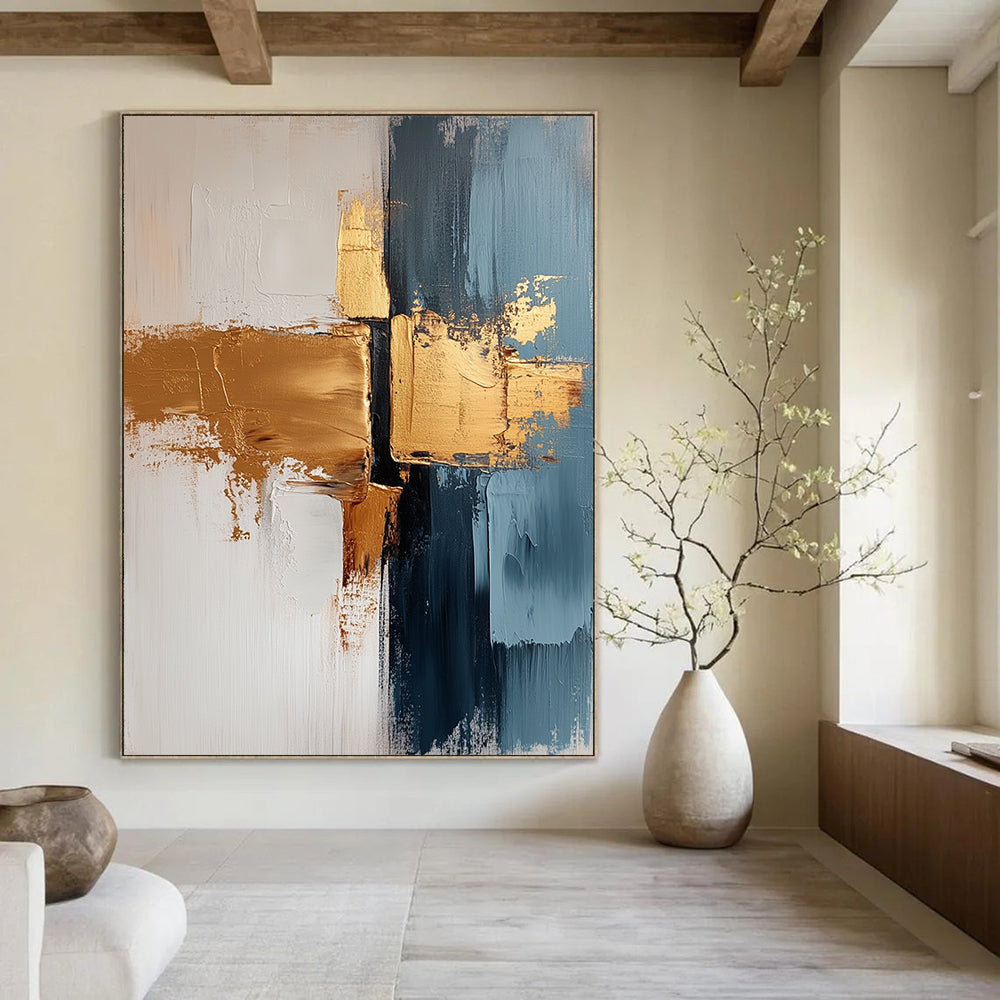 Contemporary abstract painting features a white background with gold and gray brush strokes delivering tranquility and elegance suitable for living room or bedroom decor. DLZ0689