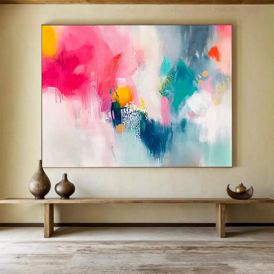 “Vibrant Pink Teal Abstract” - Pink, Teal, Yellow, White, Colorful Forms - Painting On Canvas HB1419