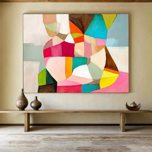“Colorful Cubist Figure” - Pink, Green, Yellow, Abstract Human Form - Cubist Acrylic Painting HB1497