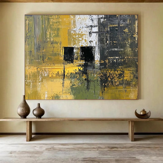 “Industrial Yellow - Green Abstract” - Yellow, Green, Black with Geometric Shapes - Painting On Canvas HB1397