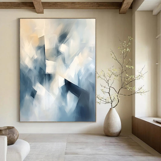 Contemporary abstract painting featuring soft shapes and forms in light blue and white with geometric elements and a dreamlike atmosphere. DLZ0643