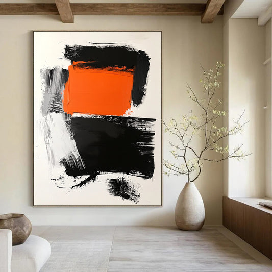 Contemporary abstract art features a striking orange square atop a bold black rectangle on a clean white background with dynamic brush strokes. DLZ1559