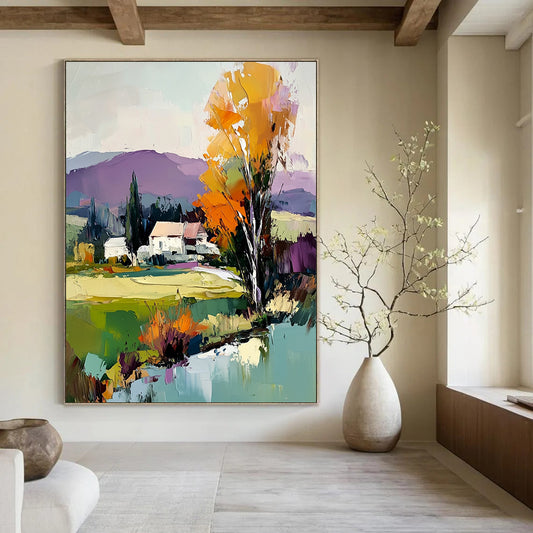 Contemporary abstract painting featuring vibrant trees, a house, and a flowing river under a light blue sky with distant purple mountains. DLZ1588