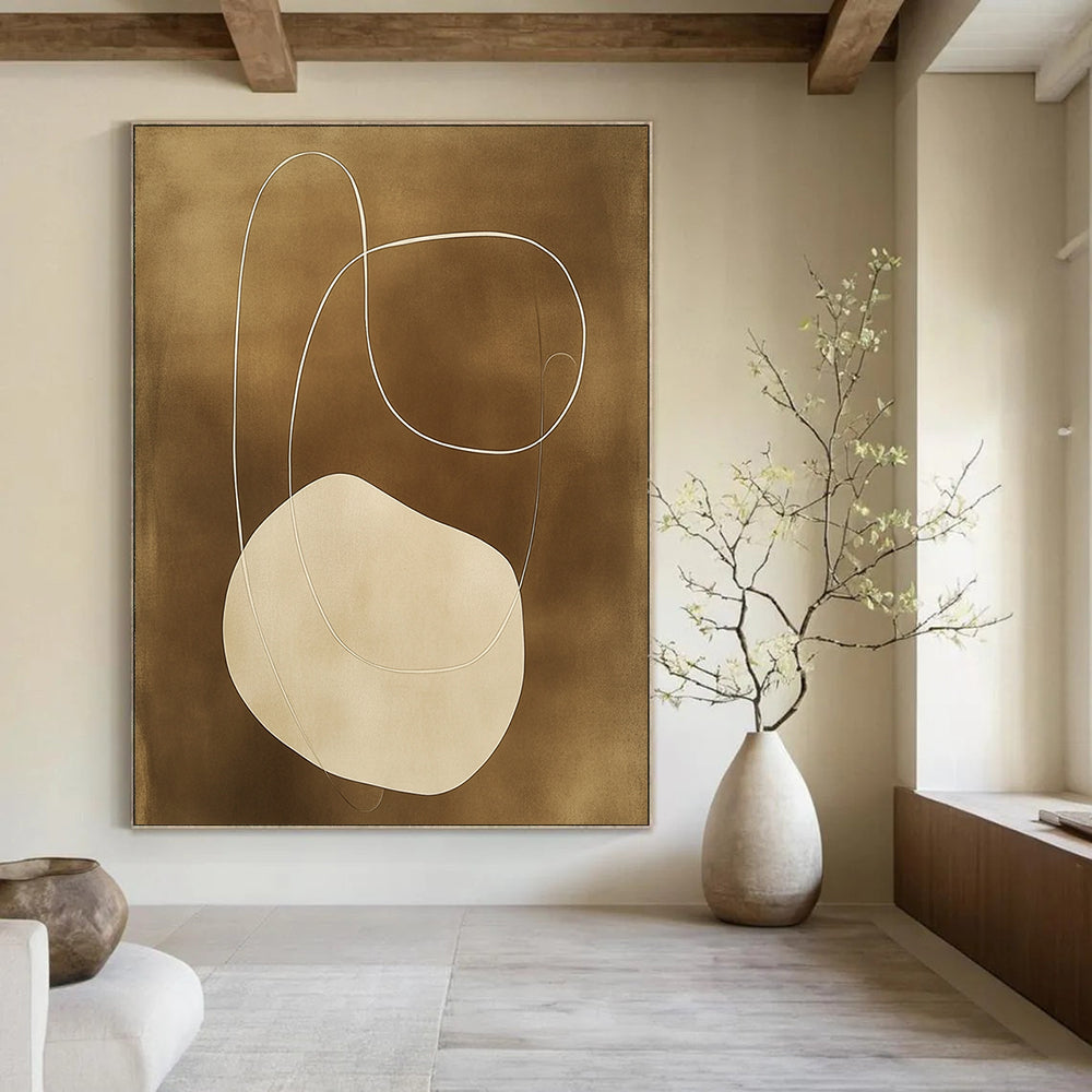 Contemporary hand-painted abstract artwork features organic shapes and connecting lines in earthy tones on a dark beige background, showcasing elegant simplicity. DLZ0861
