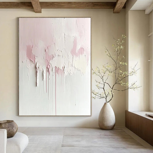 Contemporary abstract painting featuring soft pink and cream hues on a textured white canvas, minimalist design with dreamy aesthetic and large negative space. DLZ0690