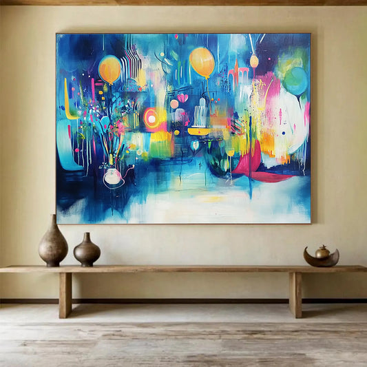 “Vibrant Blue Celebration” - Blue, Yellow, Pink, Abstract Party - Fauvist Acrylic Painting HB1502