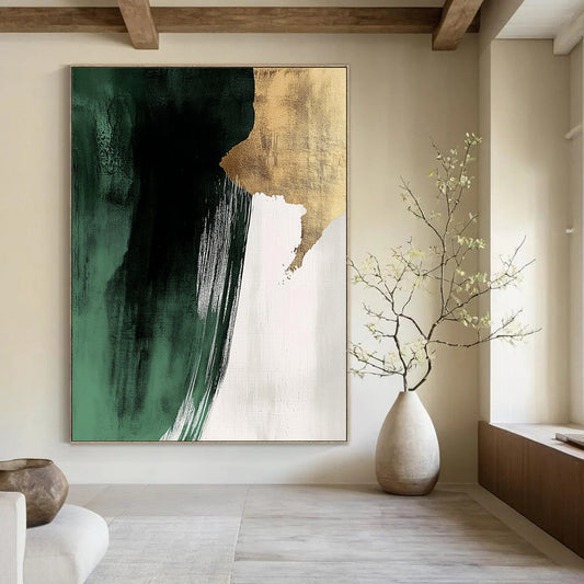 Contemporary hand-painted abstract art featuring dark green and white brushstrokes with gold foil and striking negative space in a minimalist style. DLZ1623