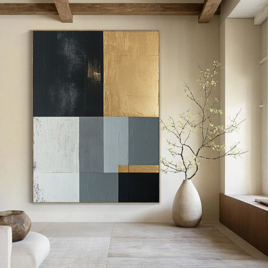 Black, Gold, Gray, White with Geometric Blocks "Elegant Geometry" Abstract Painting On Canvas HB001