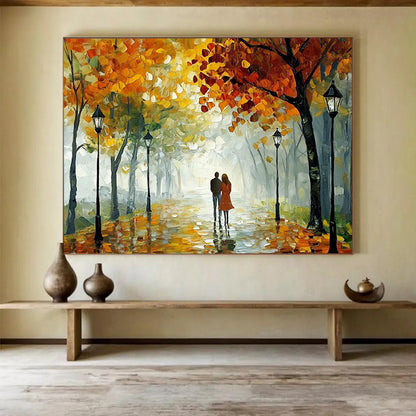 “Autumn Stroll” - Orange, Yellow, Green, Couple Walking Under Trees - Impasto Oil Painting HB1704