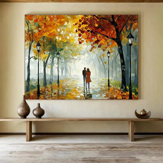 “Autumn Stroll” - Orange, Yellow, Green, Couple Walking Under Trees - Impasto Oil Painting HB1704